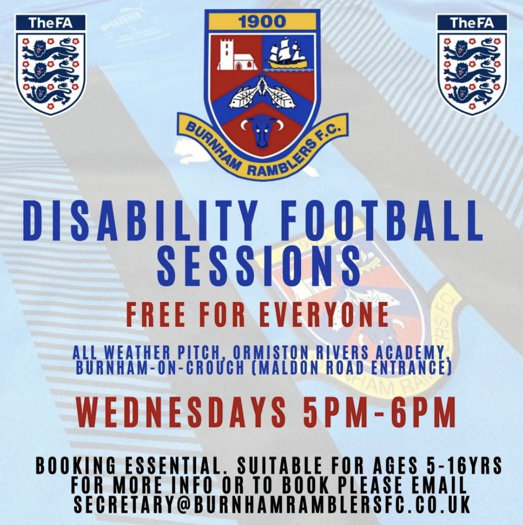 Burnham Ramblers Disability Football Sessions flyer